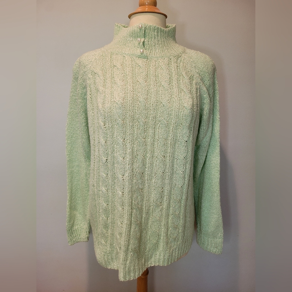 VTG! Miranda Pastel Green Cable Knit Faux Pearl Turtle Neck Sweater SZ M